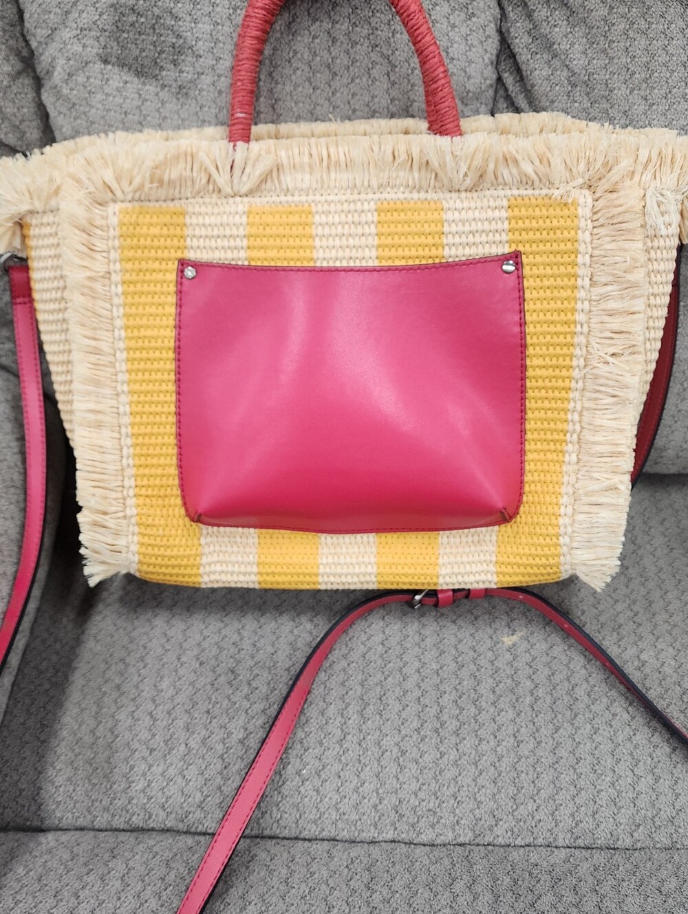 Greek Islands Straw Tote Bag with Yellow Stripes and Pink Accents - Picture 3 of 6